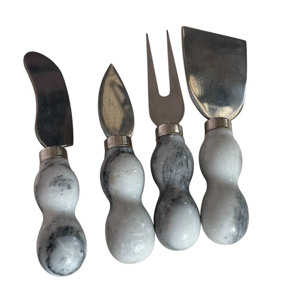 Cheese Spreader Charcuterie Set Gray/White Polished Marble Stainless Steel 5.5"